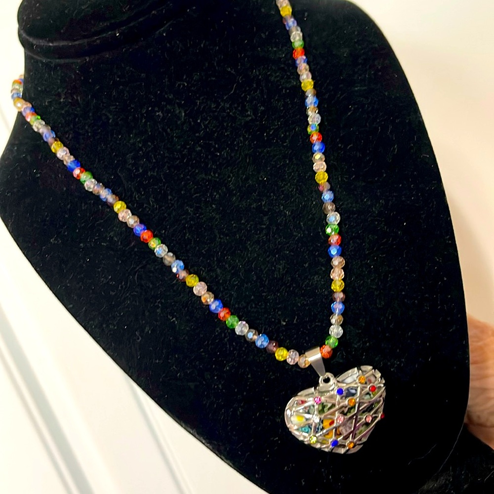 Murano Style Multi Gemstone Heart Pendant Necklace